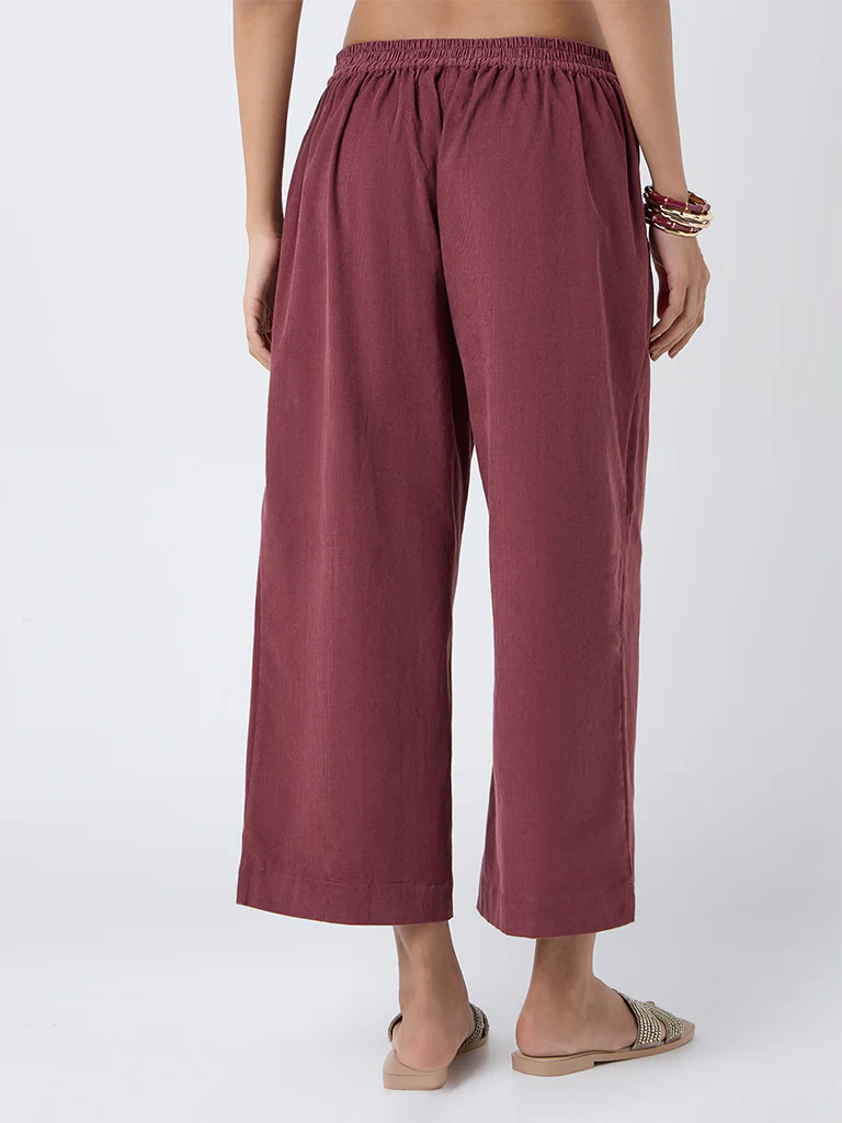Utsa Maroon Corduroy Cotton Palazzos - Image 4
