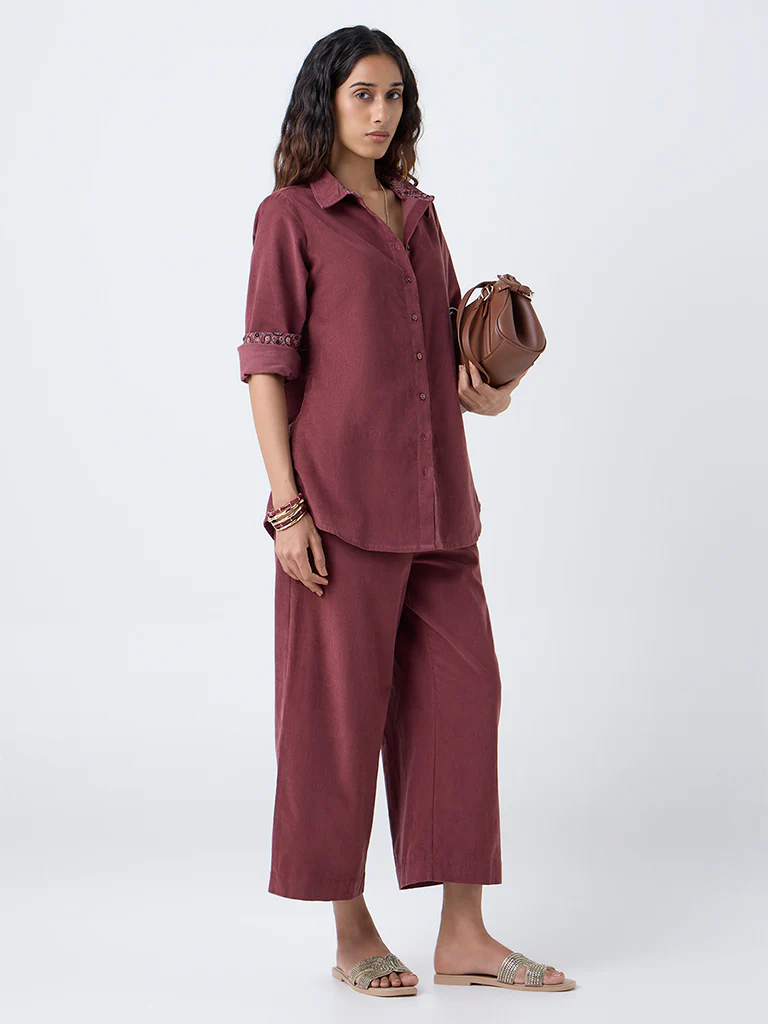 Utsa Maroon Corduroy Cotton Shirt - Image 2