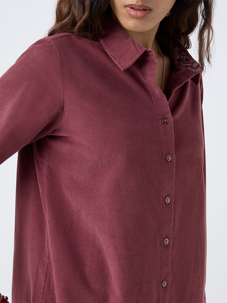 Utsa Maroon Corduroy Cotton Shirt - Image 3