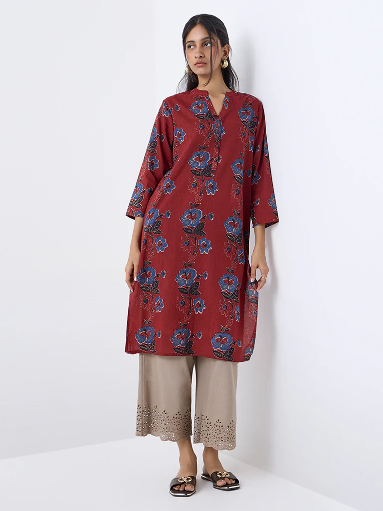Utsa Maroon Floral Design Cotton Straight Kurta - Image 2