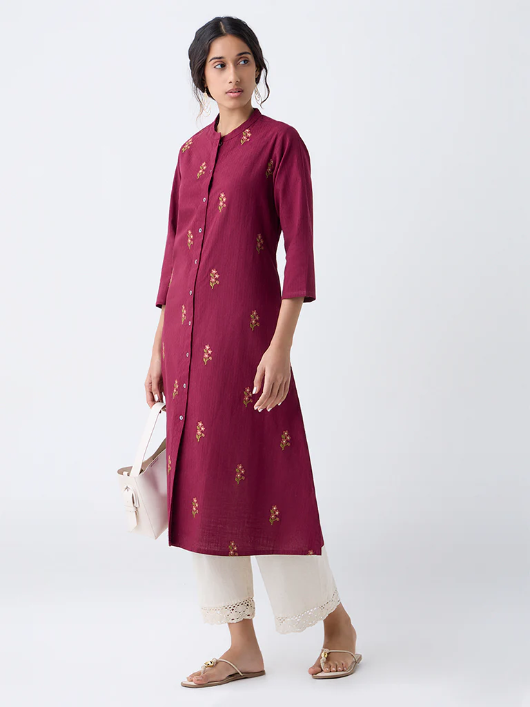 Utsa Maroon Floral Embroidered A-Line Cotton Kurta - Image 2