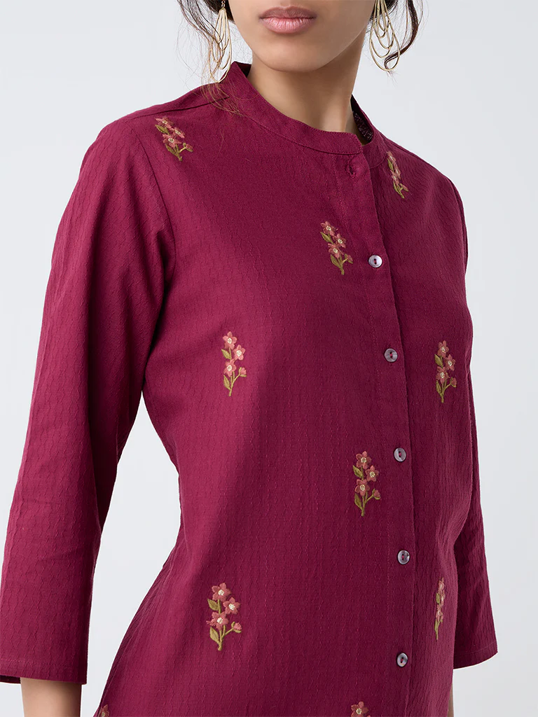 Utsa Maroon Floral Embroidered A-Line Cotton Kurta - Image 3