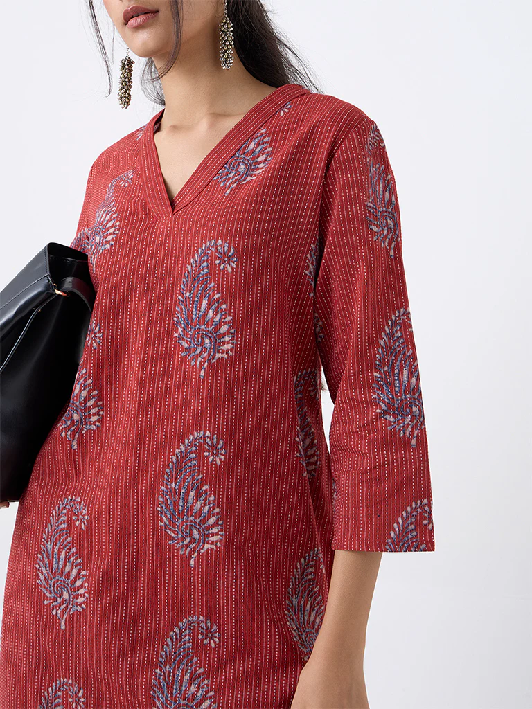 Utsa Maroon Paisley Design Cotton-Blend Straight Kurta - Image 3