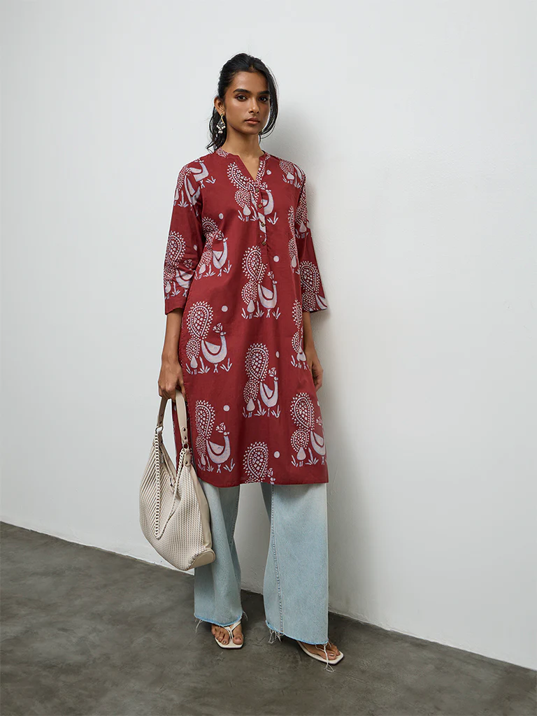 Utsa Maroon Peacock Printed Cotton Straight Kurta - Image 2