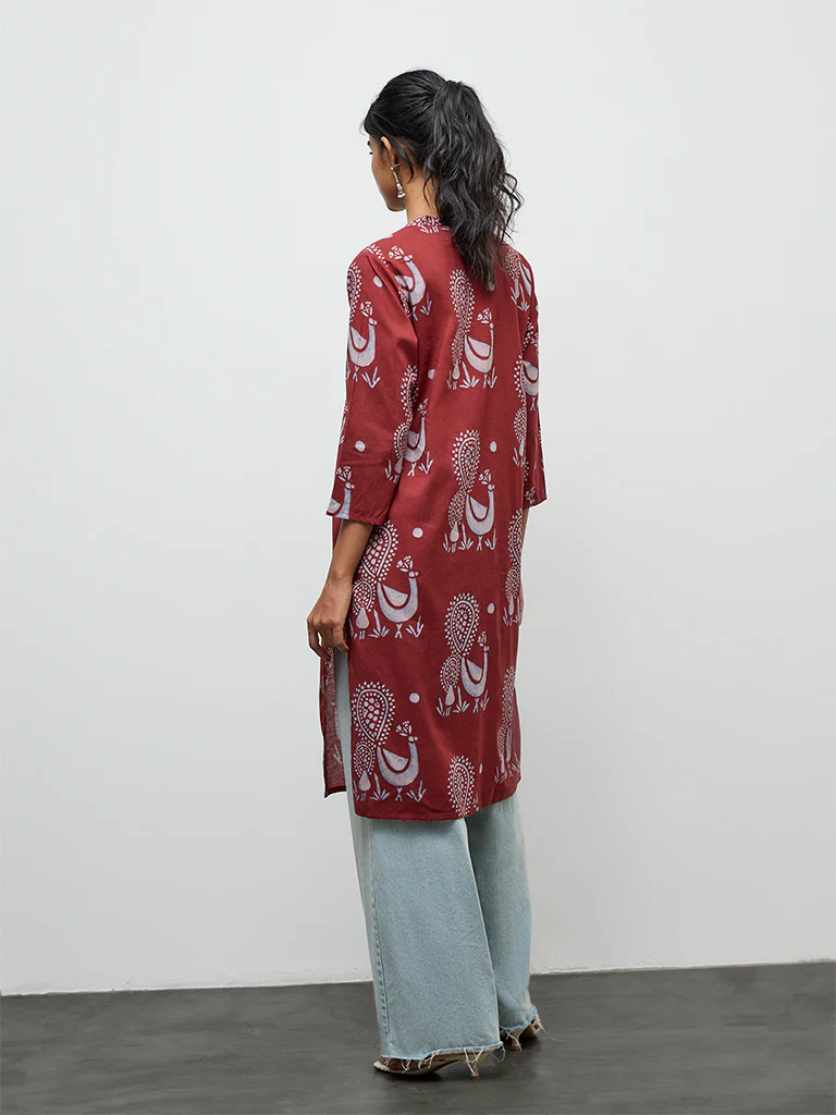 Utsa Maroon Peacock Printed Cotton Straight Kurta - Image 4