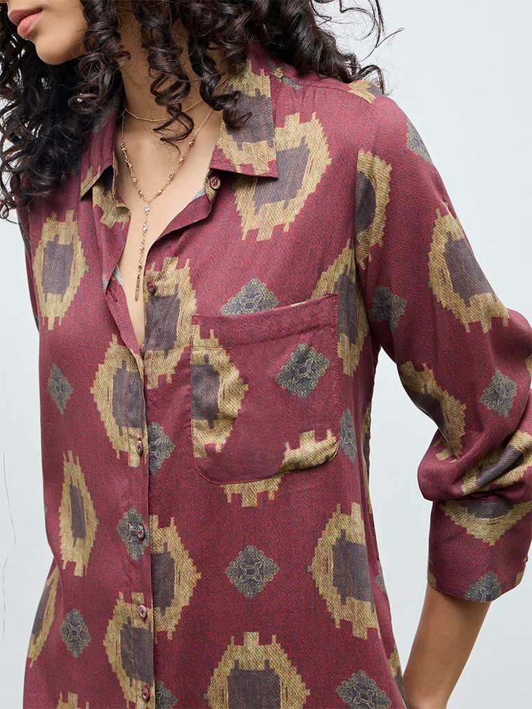 Utsa Maroon Printed A-Line Cotton Kurta - Image 3