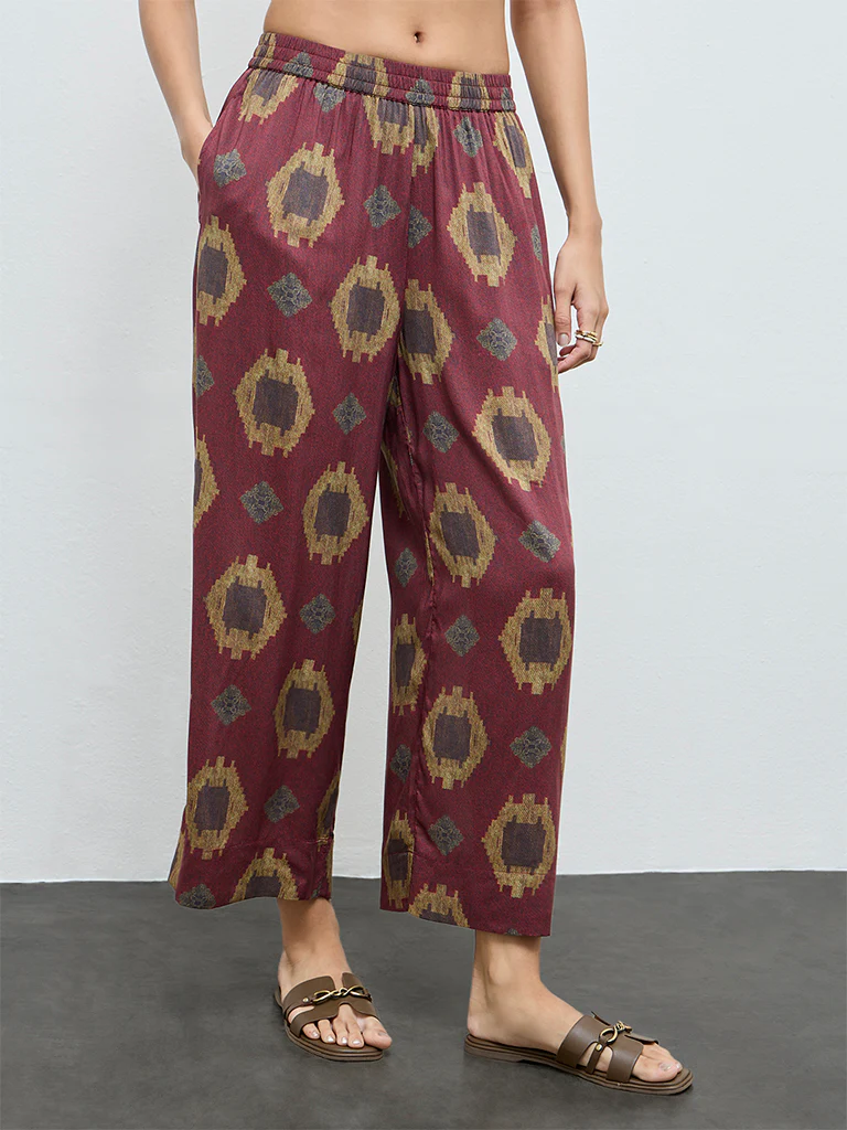Utsa Maroon Printed Cotton Palazzos