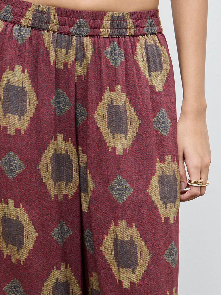 Utsa Maroon Printed Cotton Palazzos - Image 3