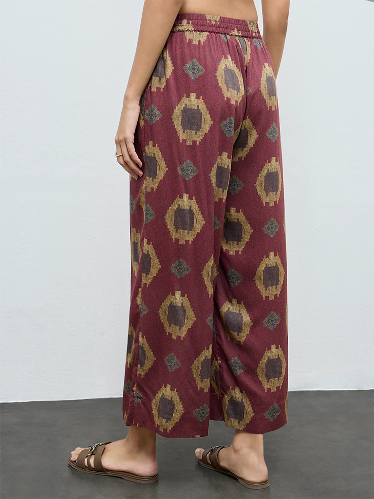 Utsa Maroon Printed Cotton Palazzos - Image 4