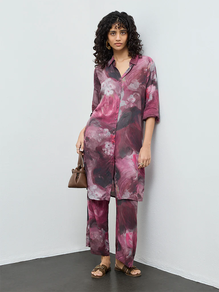 Utsa Mauve Floral Printed A-Line Kurta - Image 2