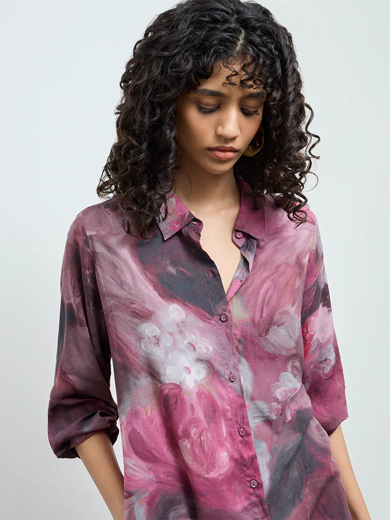 Utsa Mauve Floral Printed A-Line Kurta - Image 3