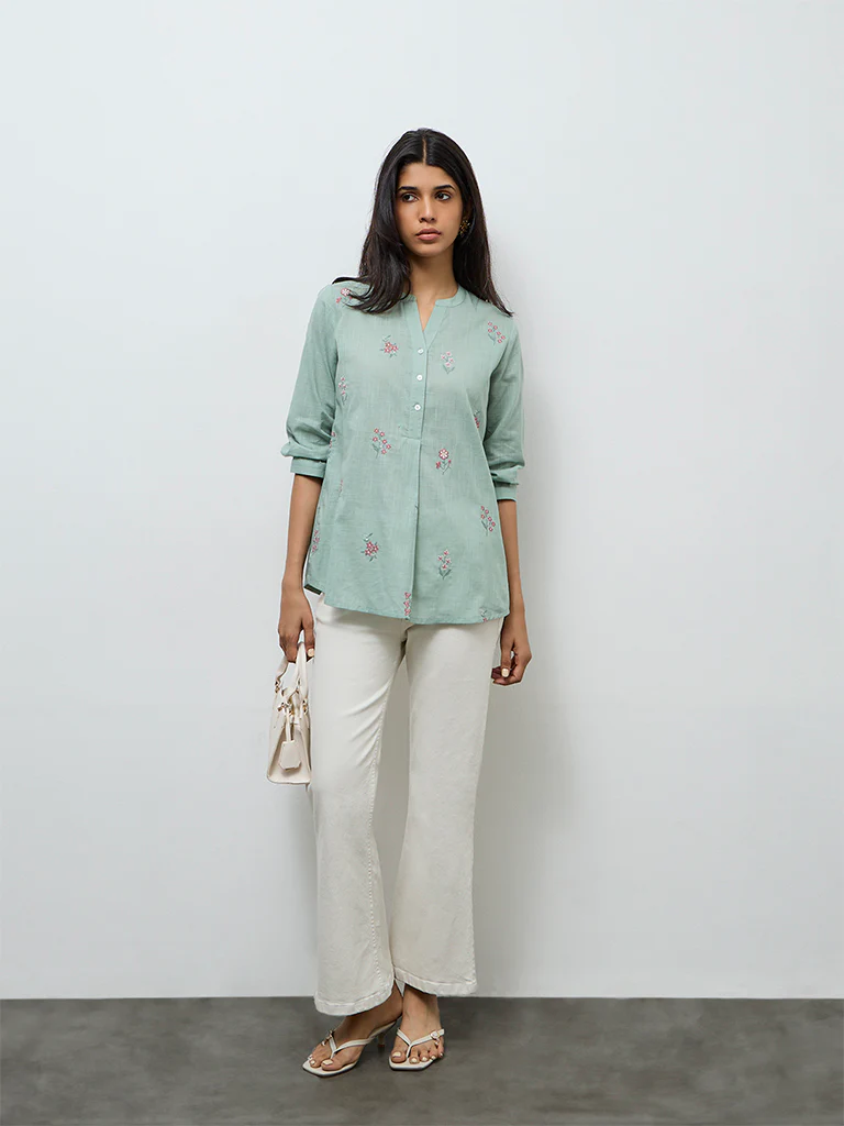 Utsa Mint Floral Embroidered Cotton Tunic - Image 2