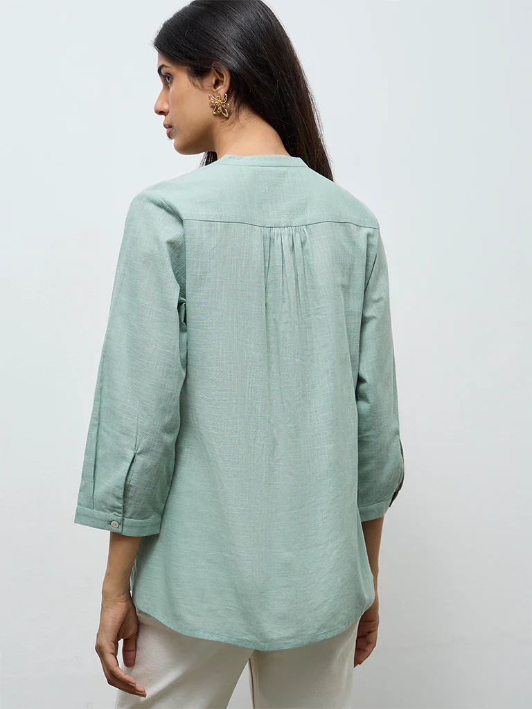 Utsa Mint Floral Embroidered Cotton Tunic - Image 4