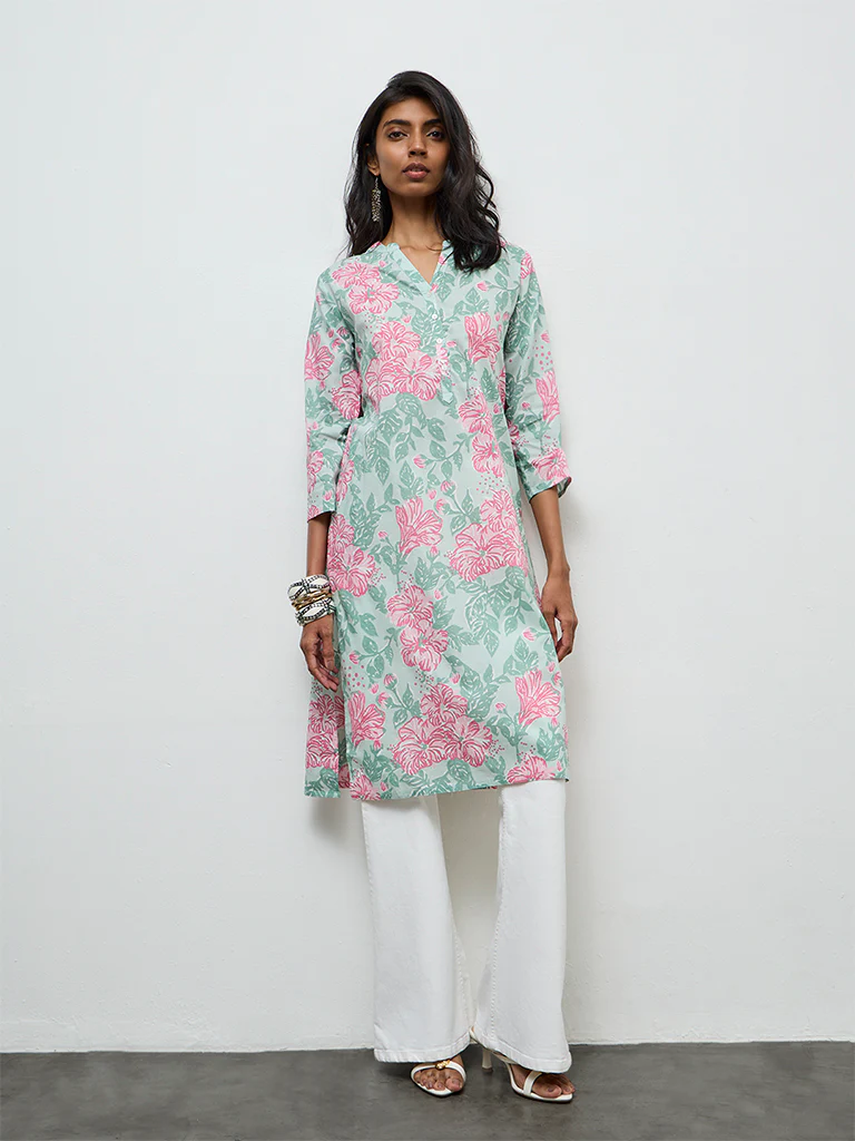 Utsa Mint Floral Printed Cotton Straight Kurta