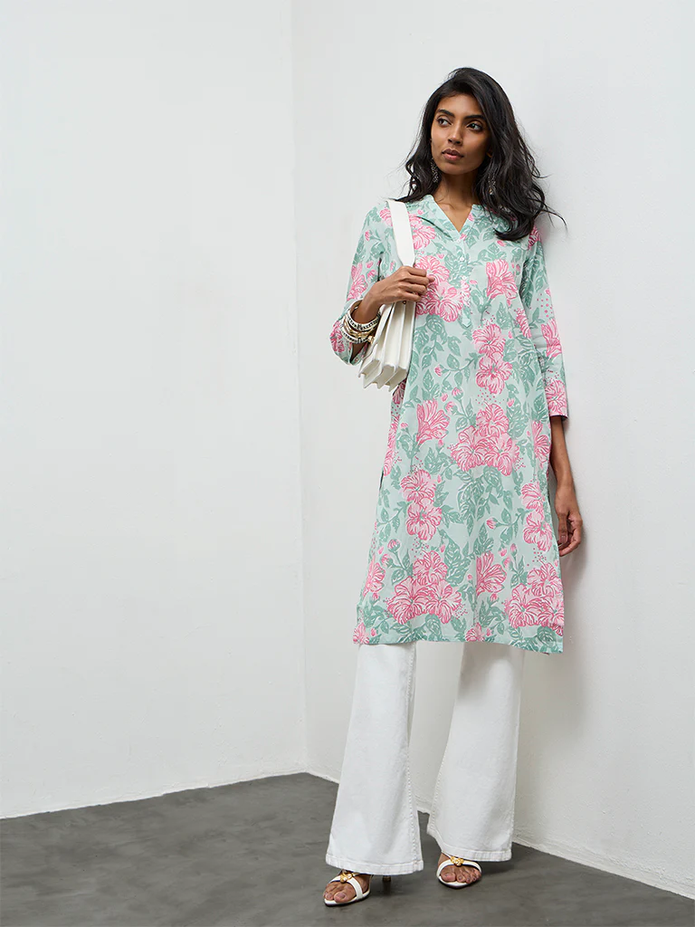 Utsa Mint Floral Printed Cotton Straight Kurta - Image 2