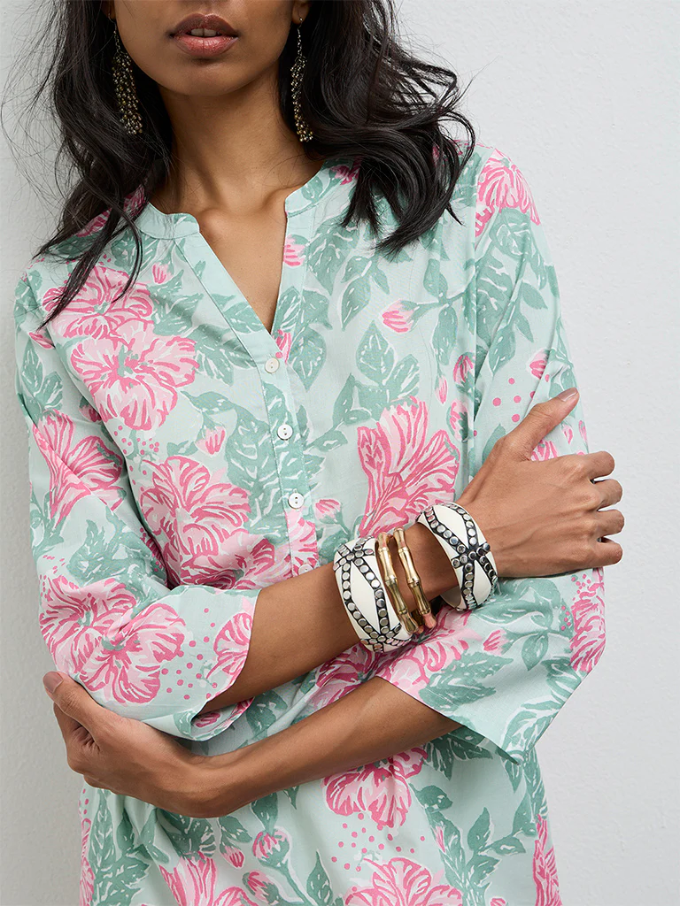 Utsa Mint Floral Printed Cotton Straight Kurta - Image 3