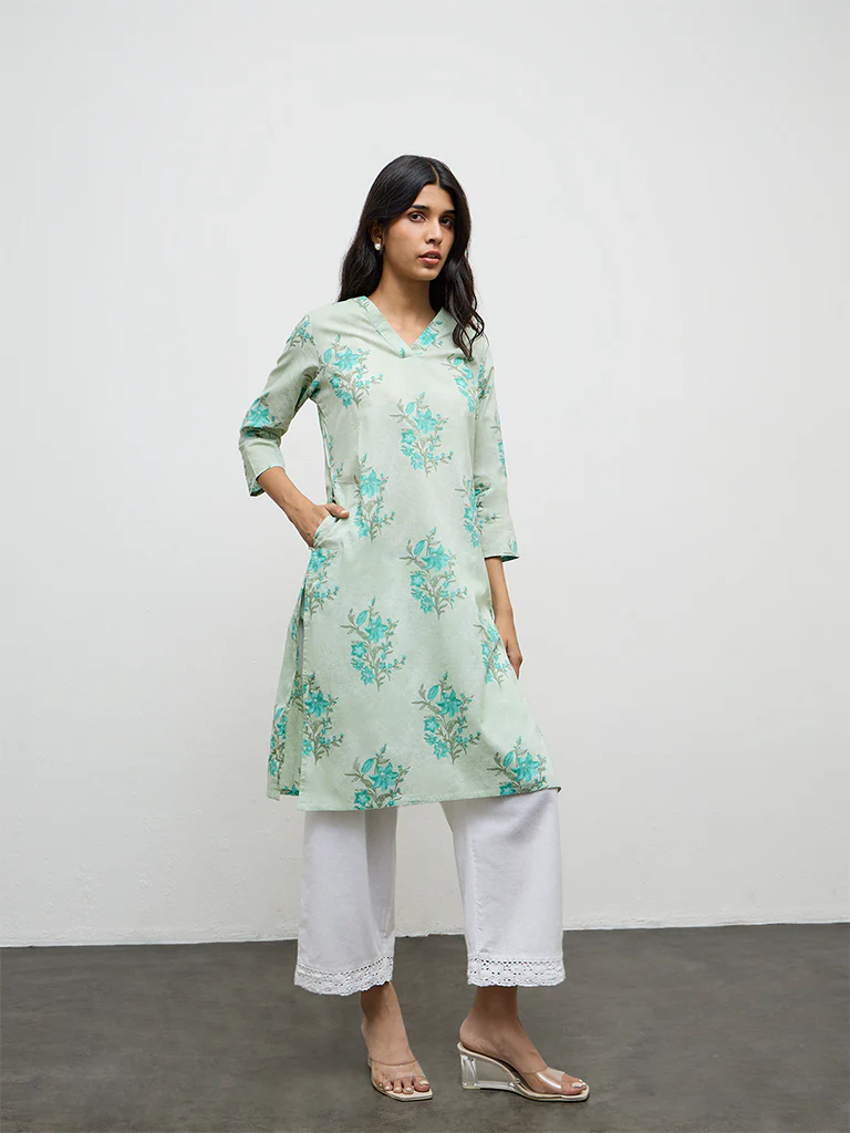Utsa Mint Floral Printed Cotton Straight Kurta