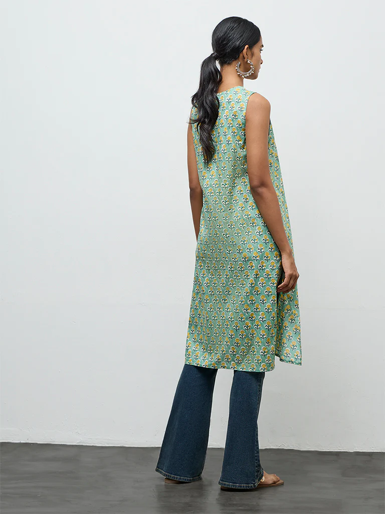 Utsa Mint Floral Printed Cotton Straight Kurta - Image 4