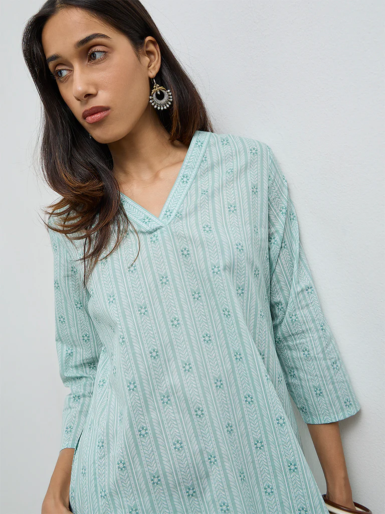 Utsa Mint Leaf Printed Cotton Straight Kurta - Image 3