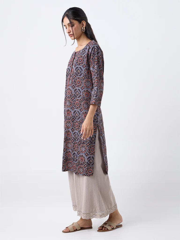 Utsa Multicolour Ajrakh Printed Cotton Straight Kurta - Image 2