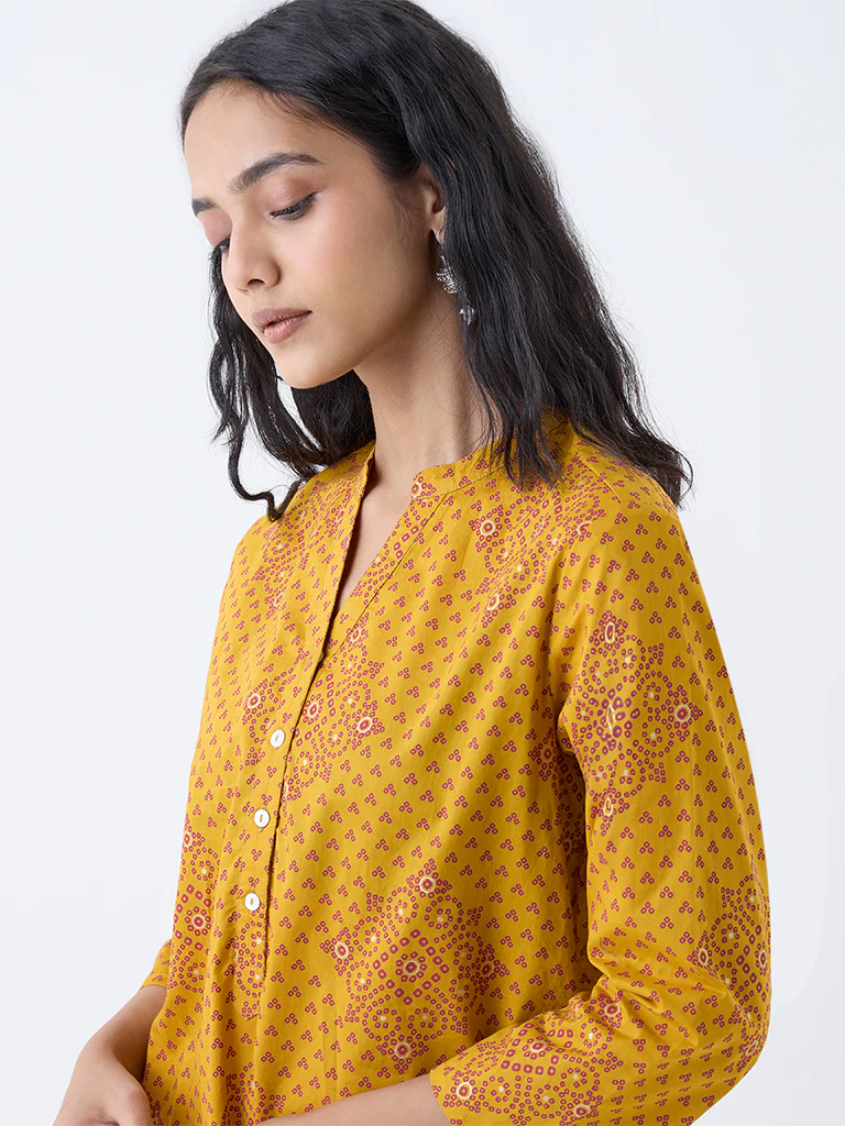 Utsa Mustard Bandhani Design Straight Cotton Kurta - Image 3