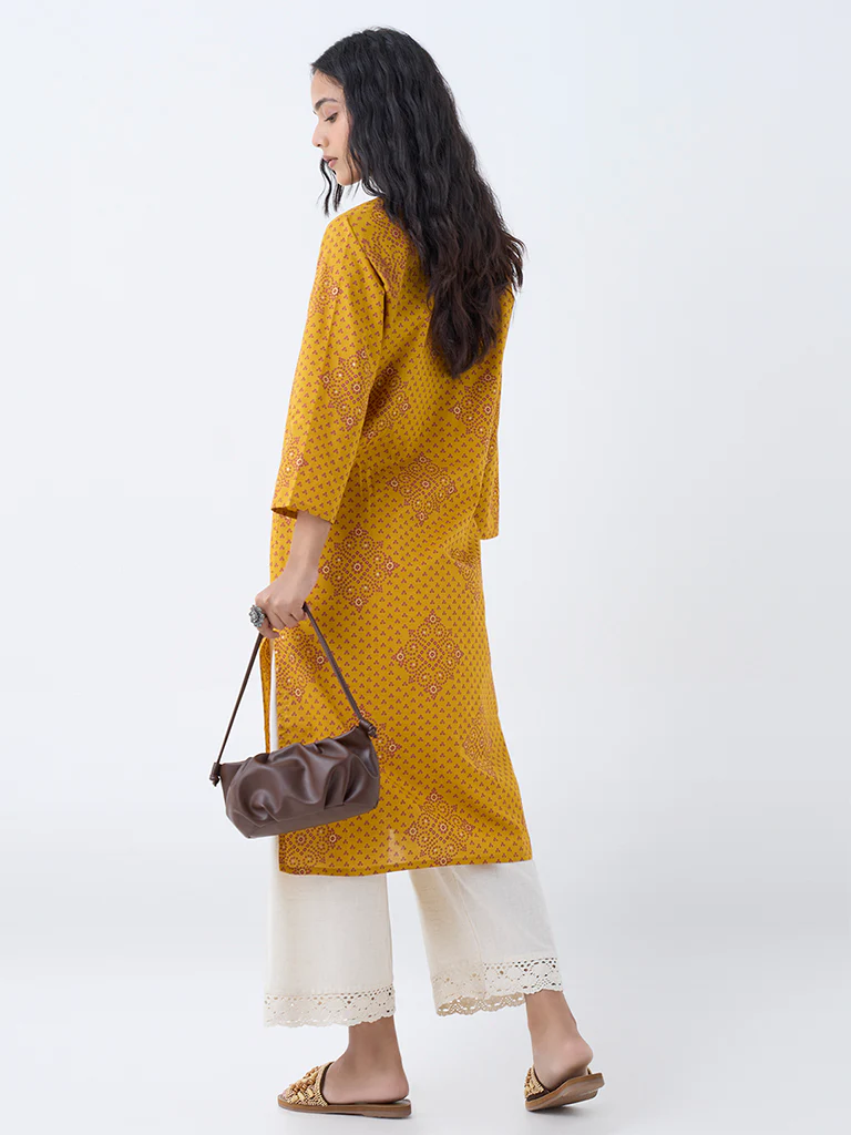 Utsa Mustard Bandhani Design Straight Cotton Kurta - Image 4