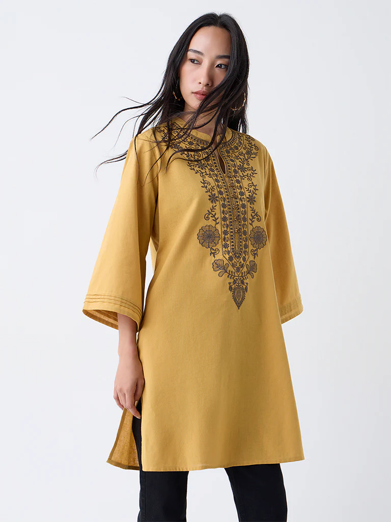 Utsa Mustard Embroidered Cotton-Blend A-Line Kurta - Image 2