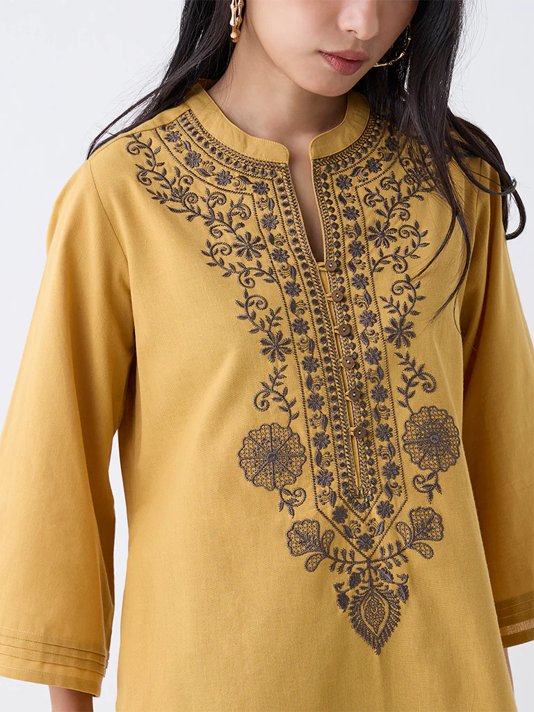 Utsa Mustard Embroidered Cotton-Blend A-Line Kurta - Image 3