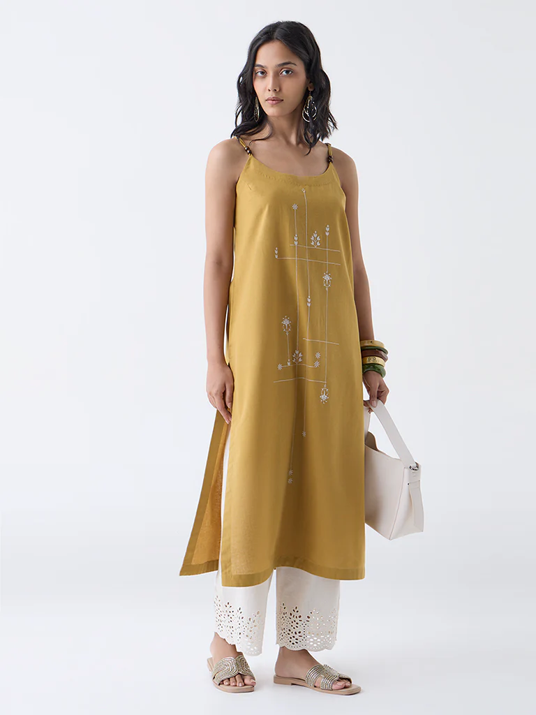 Utsa Mustard Embroidered Cotton-Blend A-Line Kurta - Image 2