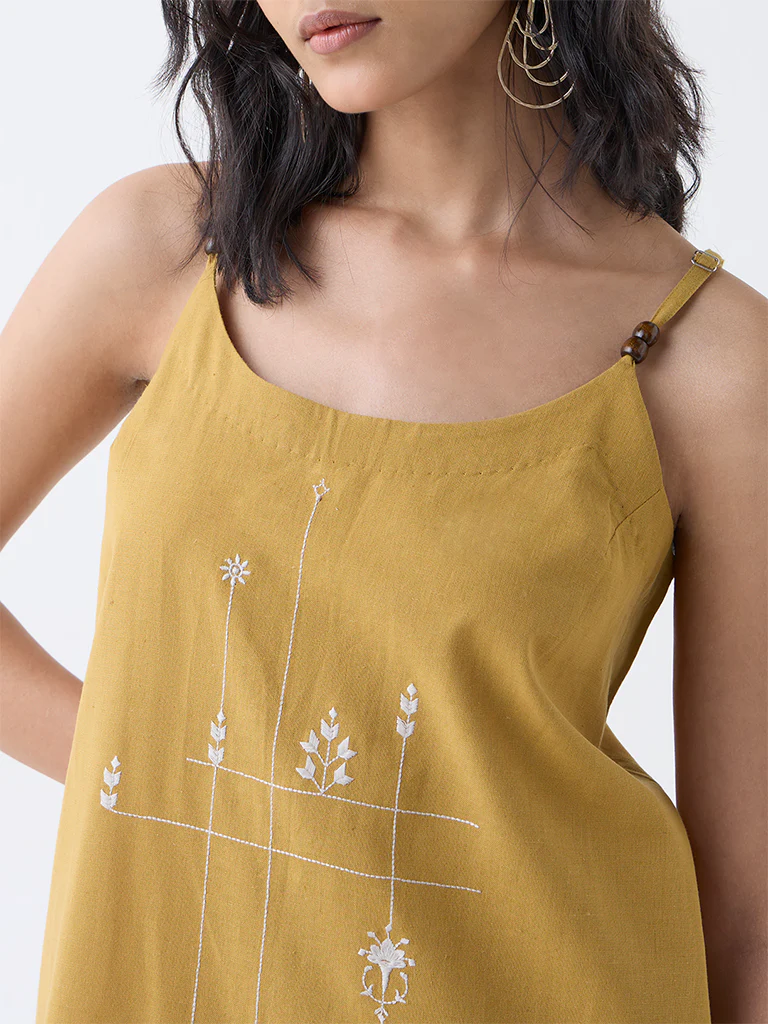Utsa Mustard Embroidered Cotton-Blend A-Line Kurta - Image 3