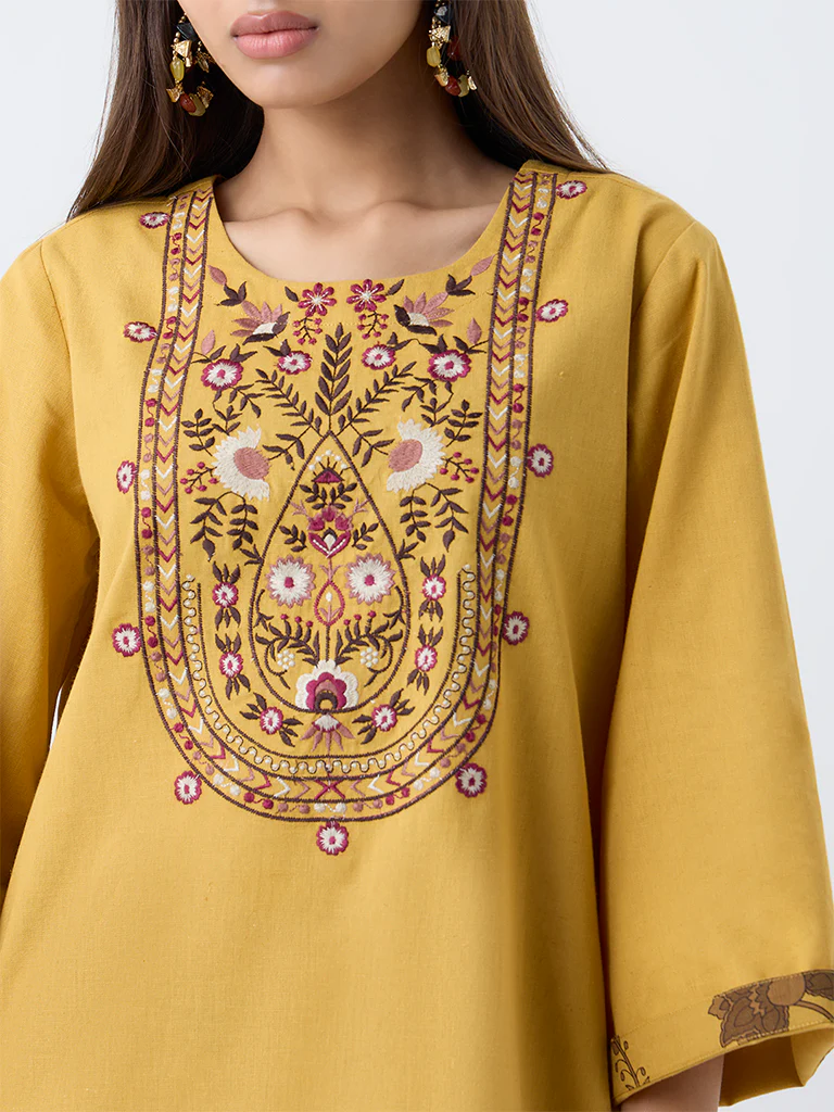 Utsa Mustard Embroidered Cotton-Blend Tunic - Image 3