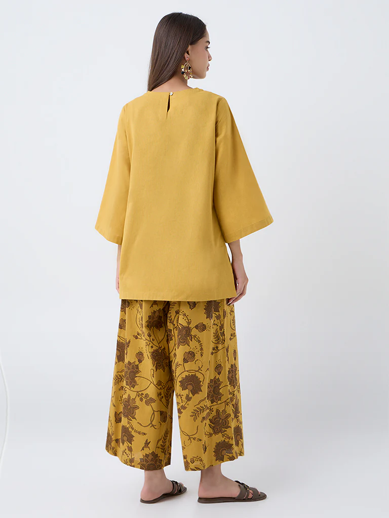 Utsa Mustard Embroidered Cotton-Blend Tunic - Image 4