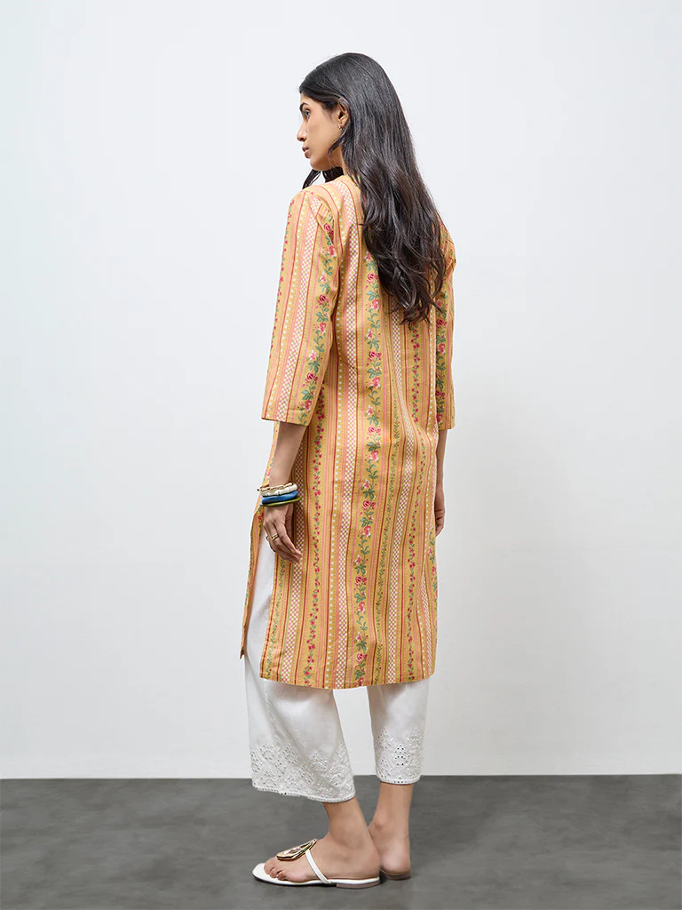 Utsa Mustard Floral Cotton Straight Kurta - Image 4