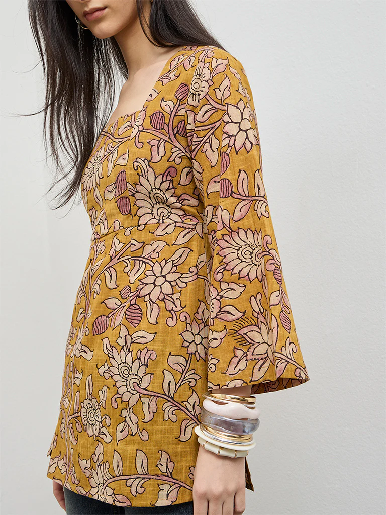 Utsa Mustard Floral Cotton Tunic - Image 3