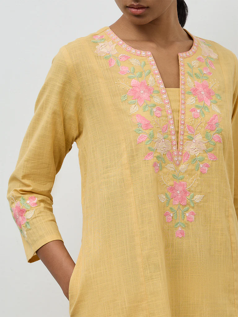 Utsa Mustard Floral Embroidered A-Line Cotton Kurta - Image 3