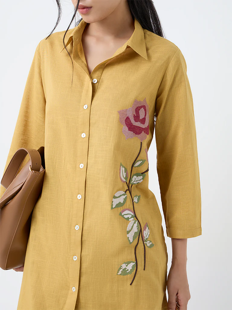 Utsa Mustard Floral Embroidered Cotton A-Line Kurta - Image 3