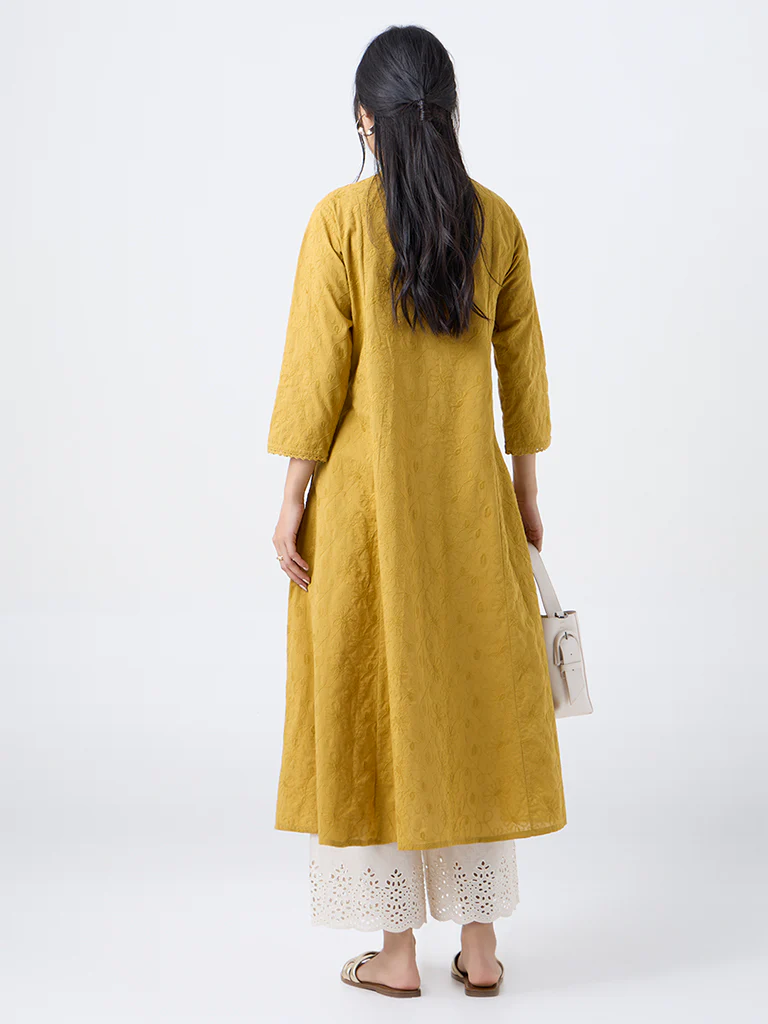 Utsa Mustard Floral Embroidered Cotton A-Line Kurta - Image 4