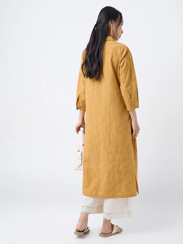 Utsa Mustard Floral Embroidered Cotton A-Line Kurta - Image 4