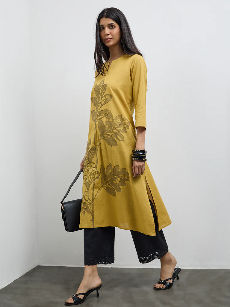 Utsa Mustard Floral Embroidered Cotton-Blend A-Line Kurta