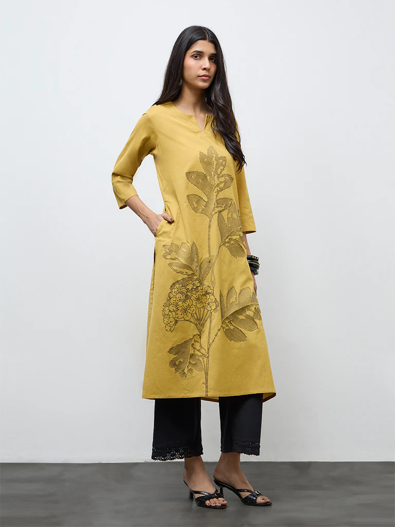 Utsa Mustard Floral Embroidered Cotton-Blend A-Line Kurta - Image 2