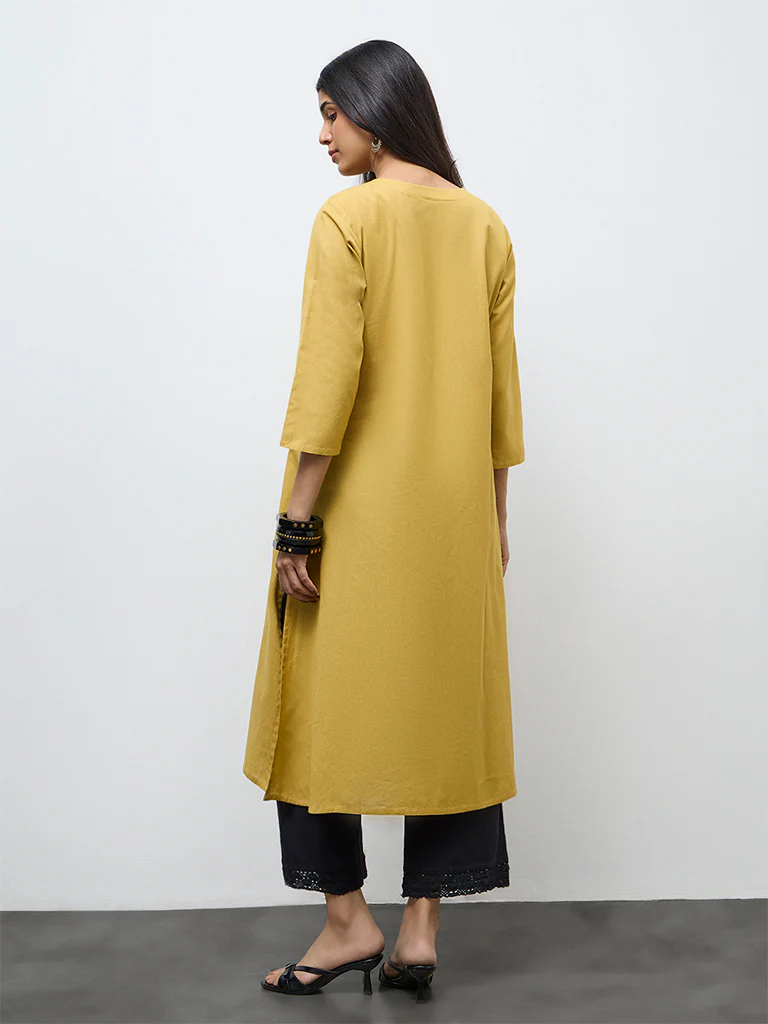 Utsa Mustard Floral Embroidered Cotton-Blend A-Line Kurta - Image 4
