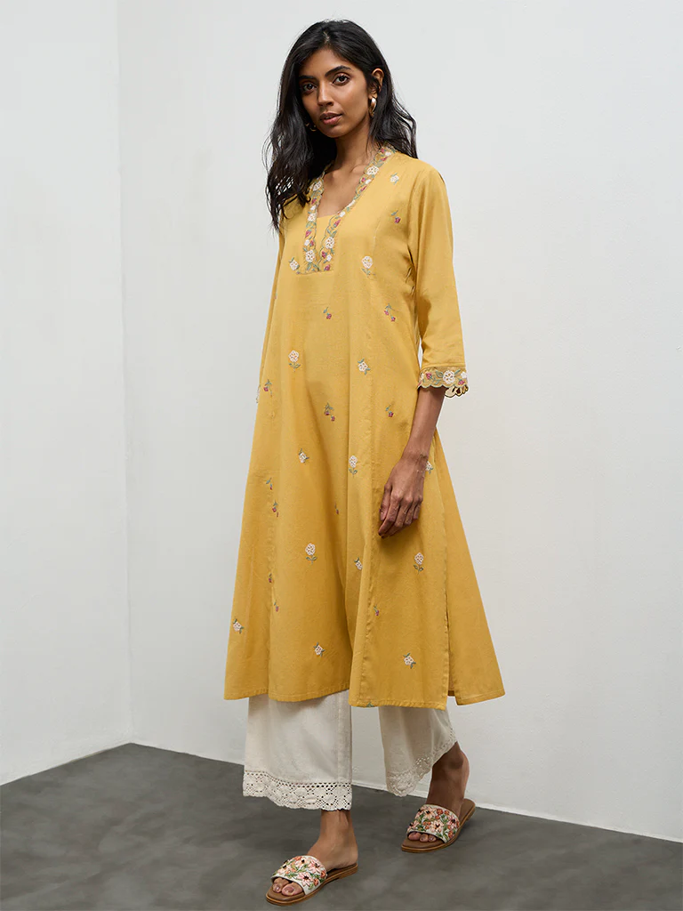 Utsa Mustard Floral Embroidered Cotton-Blend A-Line Kurta
