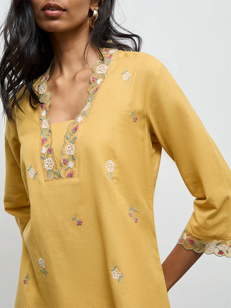 Utsa Mustard Floral Embroidered Cotton-Blend A-Line Kurta - Image 3