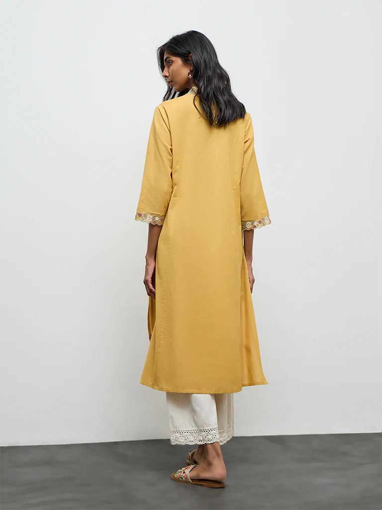 Utsa Mustard Floral Embroidered Cotton-Blend A-Line Kurta - Image 4