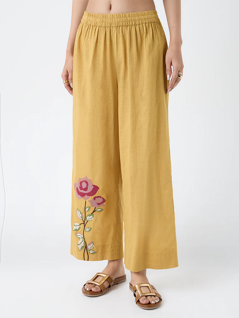 Utsa Mustard Floral Embroidered Cotton Pants