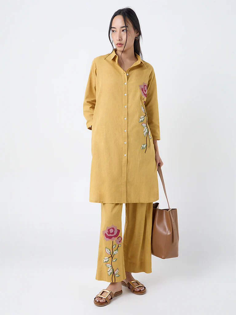 Utsa Mustard Floral Embroidered Cotton Pants - Image 2