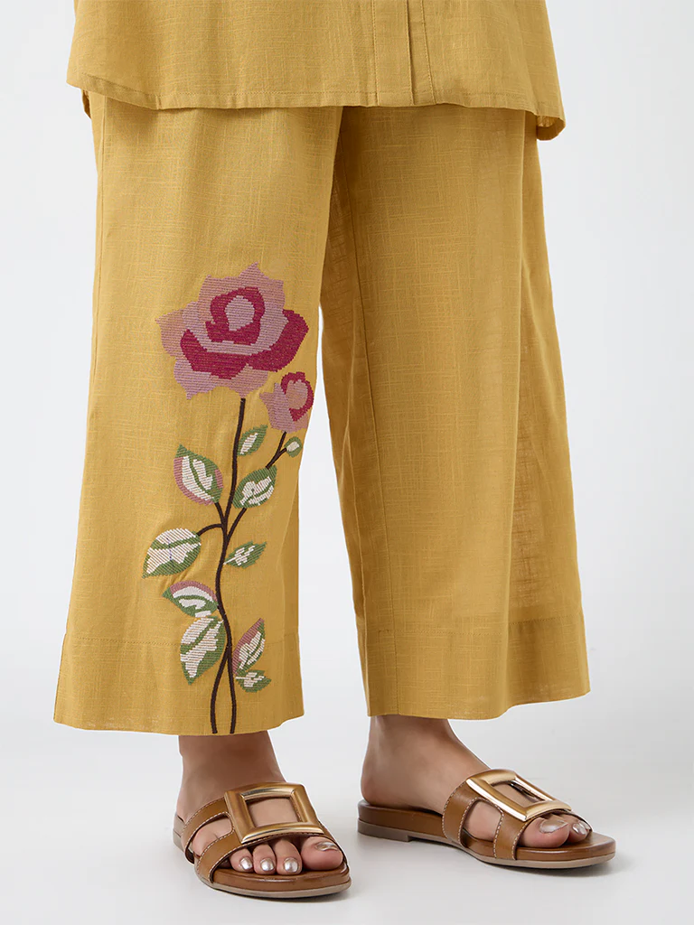 Utsa Mustard Floral Embroidered Cotton Pants - Image 3