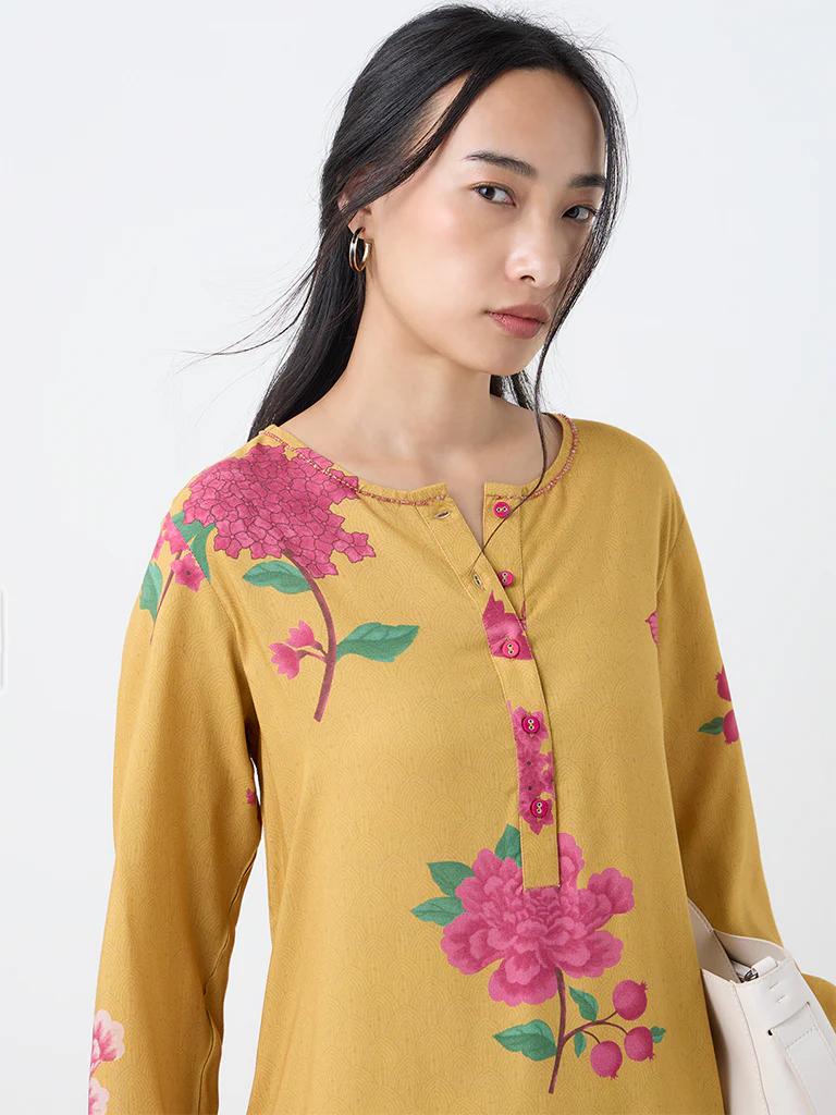 Utsa Mustard Floral Pattern A-Line Kurta - Image 3