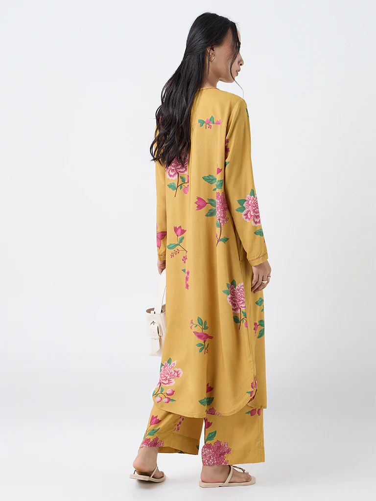 Utsa Mustard Floral Pattern A-Line Kurta - Image 4