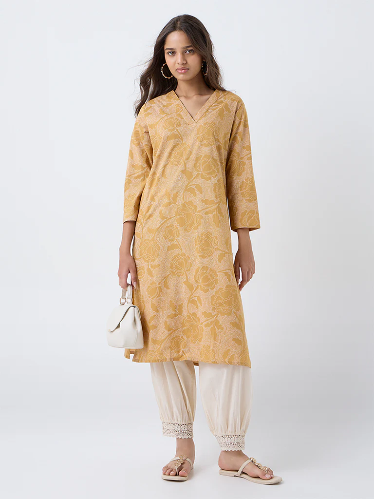 Utsa Mustard Floral Pattern Cotton Straight Kurta